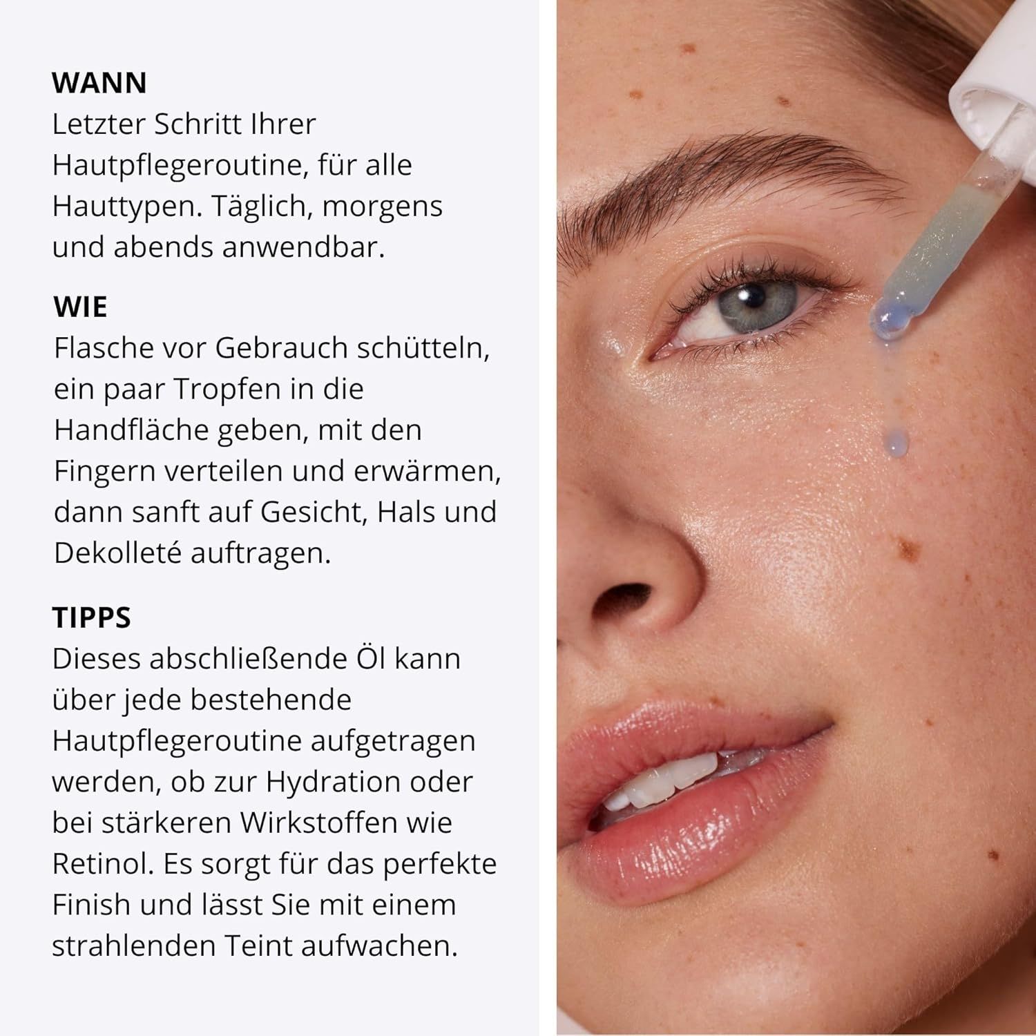 Donna con prodotto sul viso. Testo con istruzioni e consigli per l'uso.