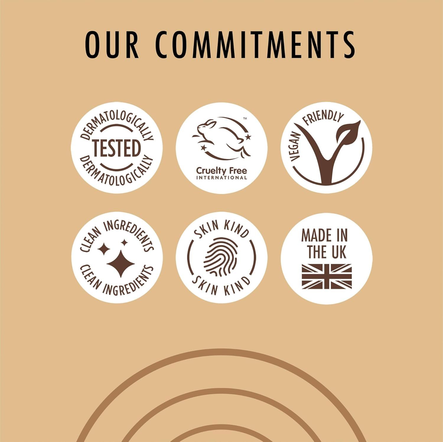 Loghi circolari: Dermatologicamente testato, cruelty-free, vegano, ingredienti puliti, delicato sulla pelle, prodotto nel Regno Unito.