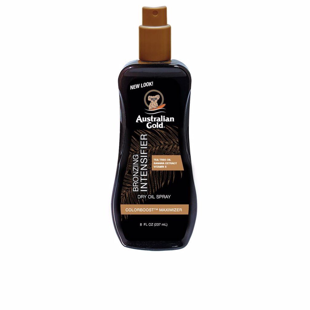 Flacone spray nero con erogatore marrone. Scritta: Bronzing Intensifier Dry Oil Spray. Marchio: Australian Gold. 237 ml.