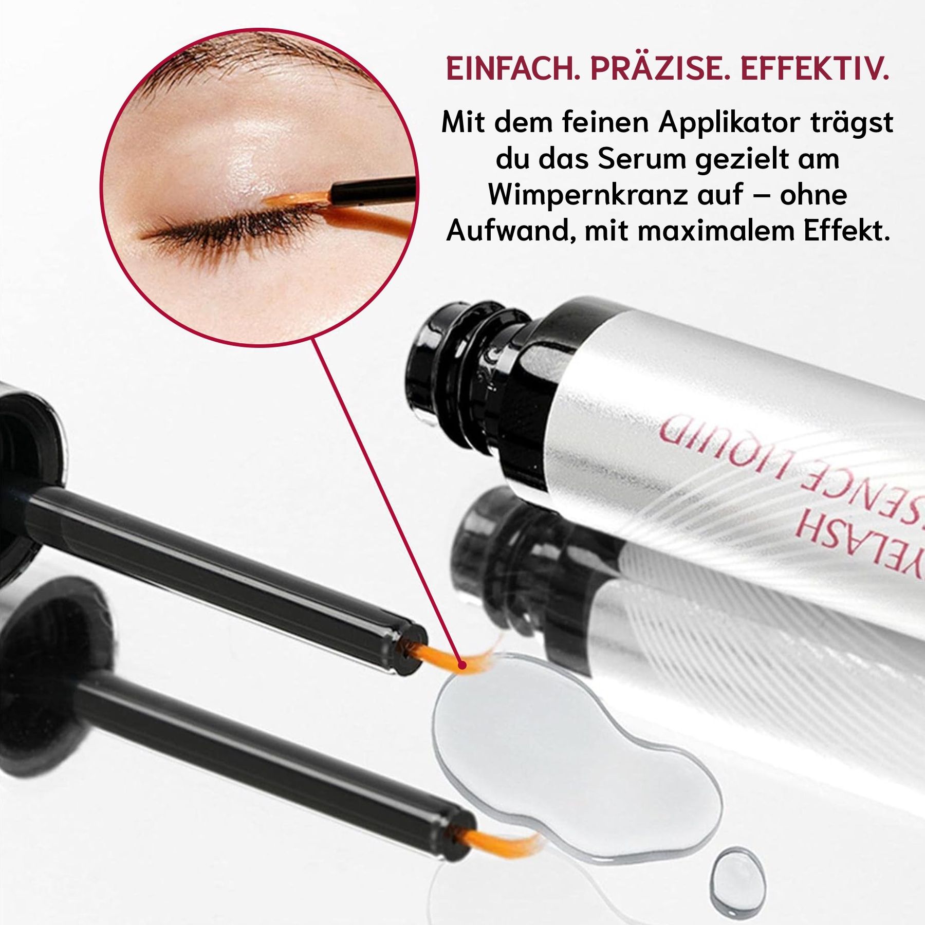 Applicatore con siero. Primo piano. Liquido su superficie. Testo: Semplice. Preciso. Efficace.