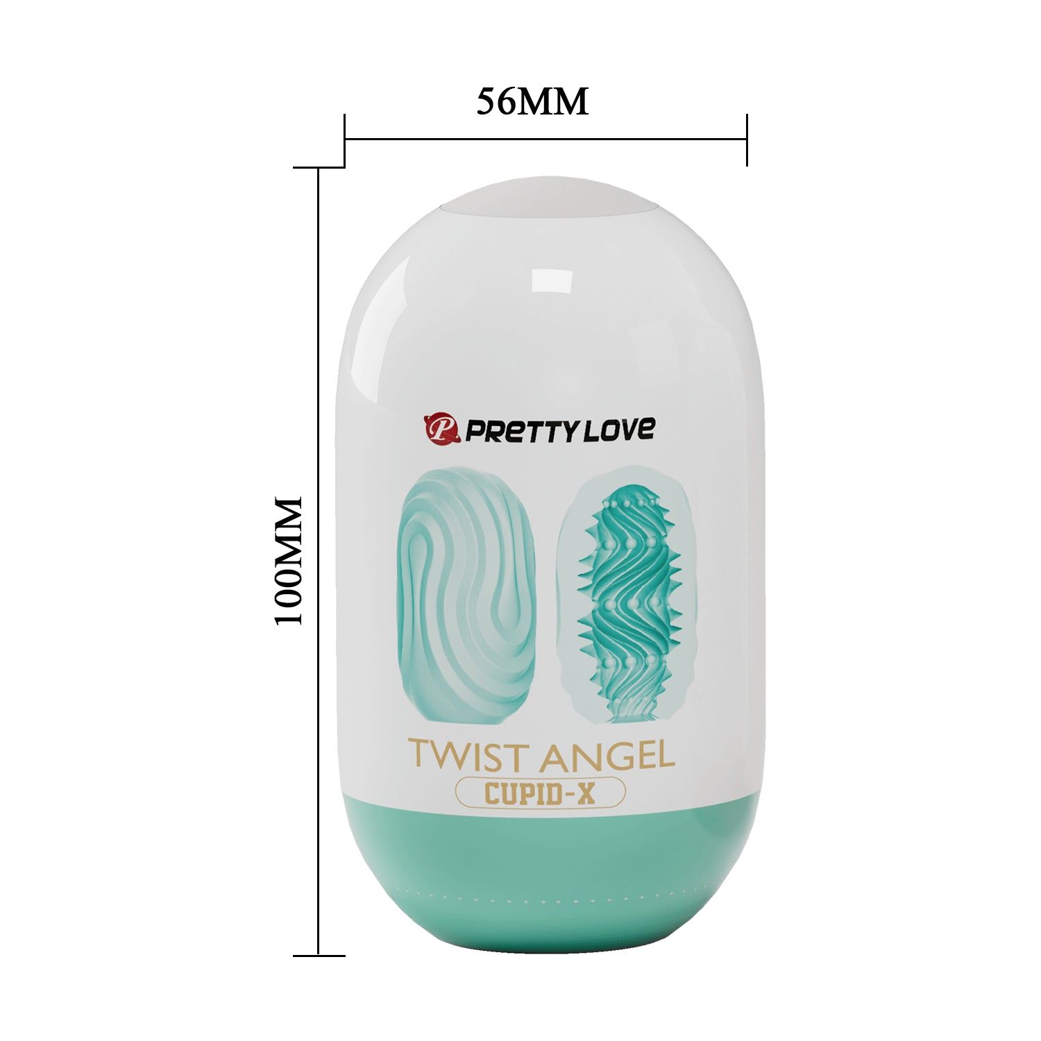 Confezione ovale, bianco-turchese. Dimensioni: 100mm x 56mm. Stampa: Pretty Love, Twist Angel, Cupid-X. Due illustrazioni delle strutture interne del prodotto.