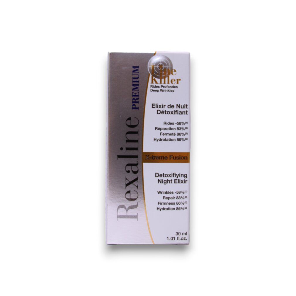 Confezione in cartone con scritta: Rexaline Premium, Elixir de Nuit Détoxifiant, X-treme Fusion, Detoxifying Night Elixir.