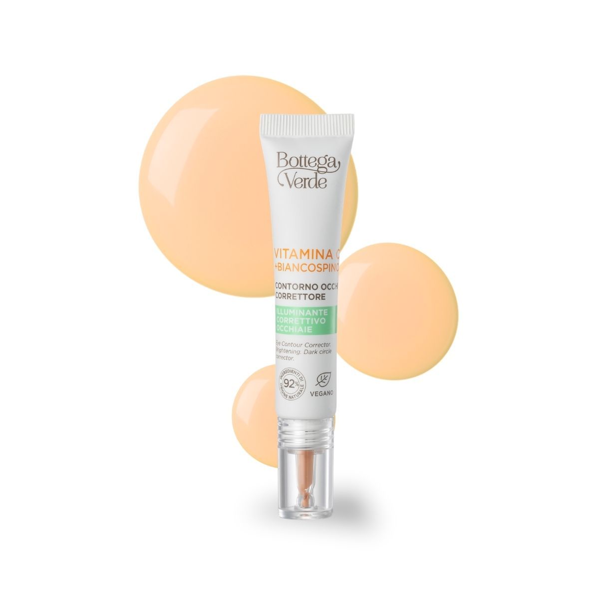 Bottega Verde Contorno occhi correttore. Tubo bianco con testo. Applicatore trasparente. Sigillo vegano.
