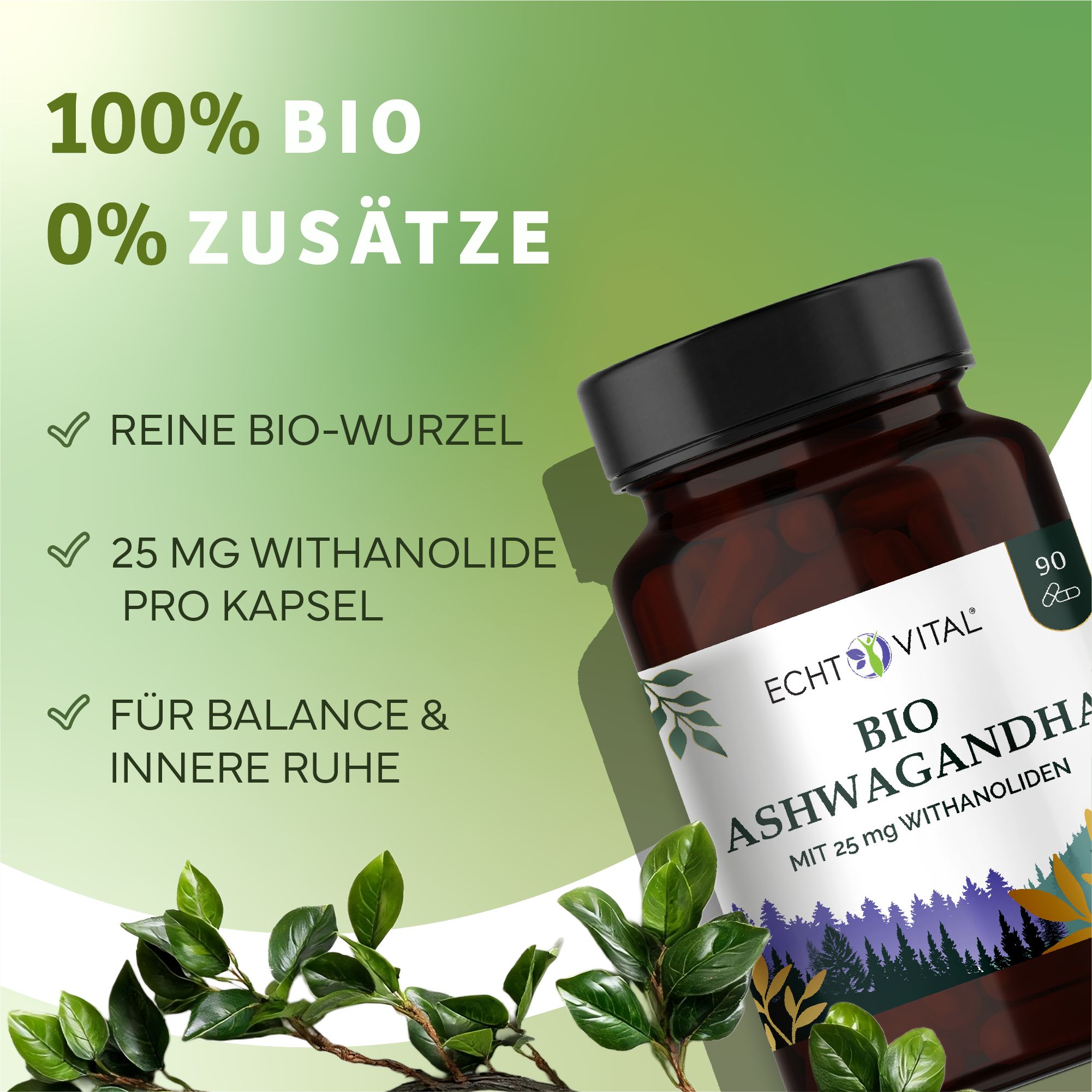 Flacone di vetro marrone con coperchio nero. Scritta: Echt Vital Bio Ashwagandha. Etichetta verde e bianca con testo e foglie. 90 capsule.