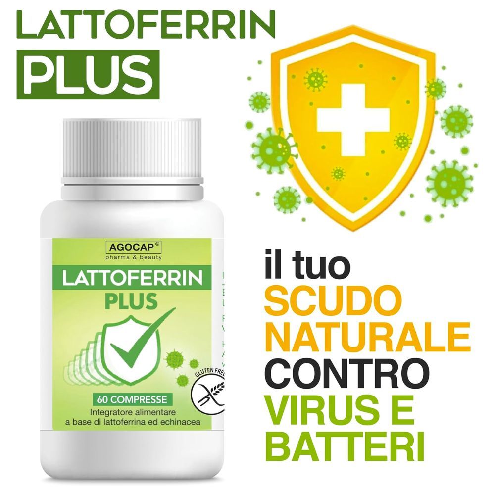 Flacone di compresse con etichetta verde. Scritta: Lattoferrin Plus, 60 compresse, senza glutine. Illustrazione scudo.
