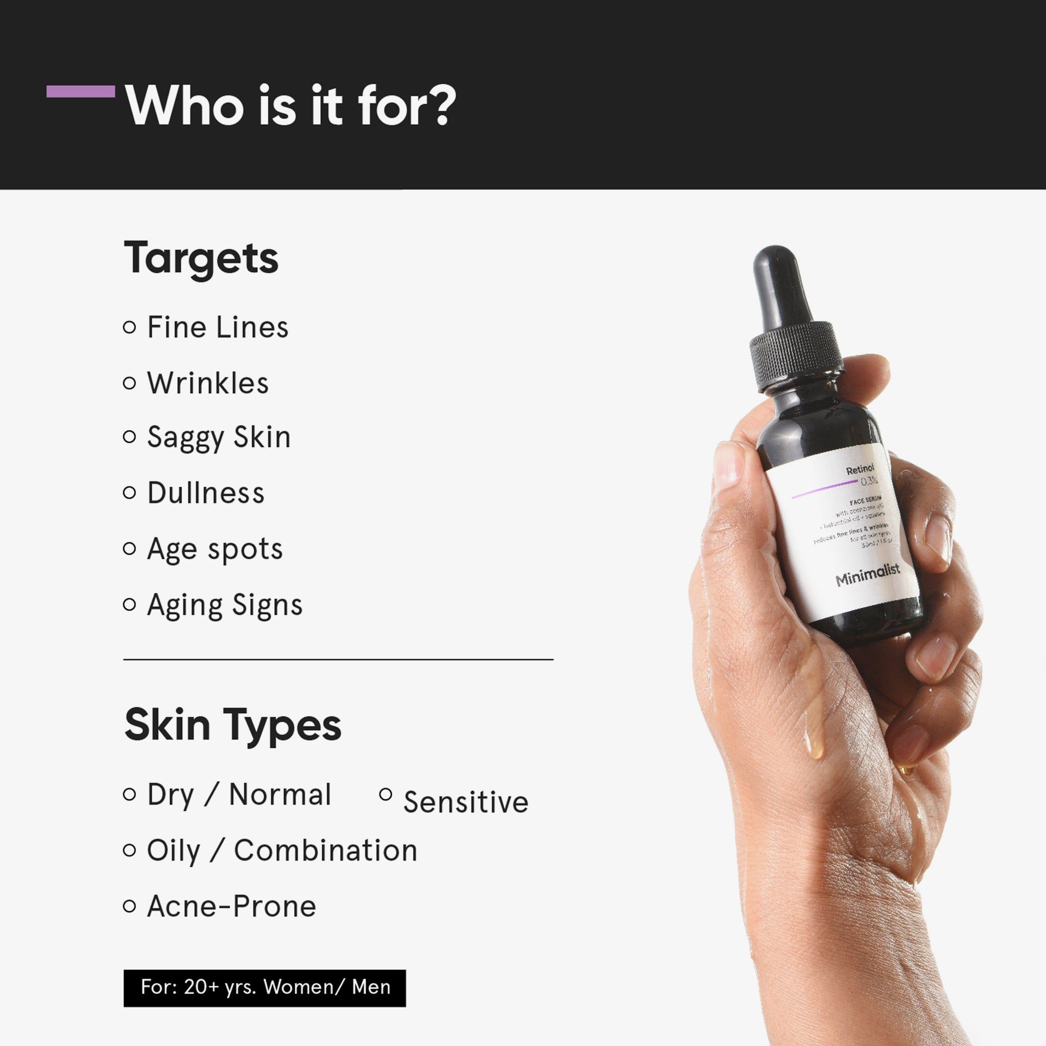 Mano che tiene un flacone in vetro scuro con pipetta. Scritta: Minimalist, Retinol 0,3%. Goccia di siero visibile.