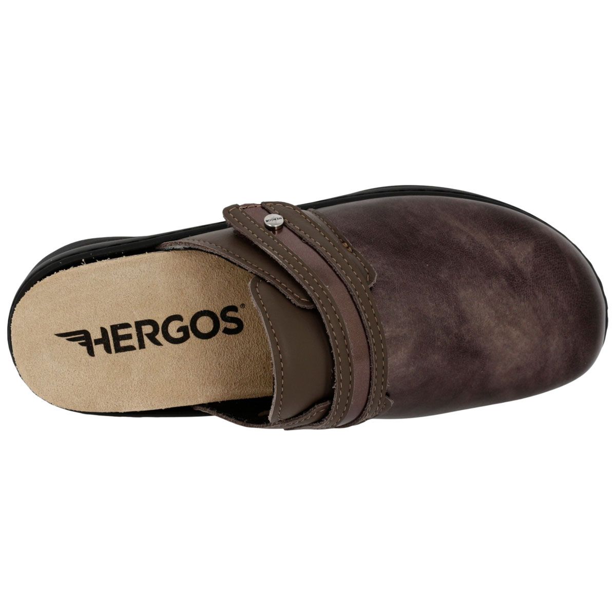 Sandalo Hergos H3503. Tomaia marrone metallizzato, cinturino regolabile, suola nera. Vista dall'alto con logo.