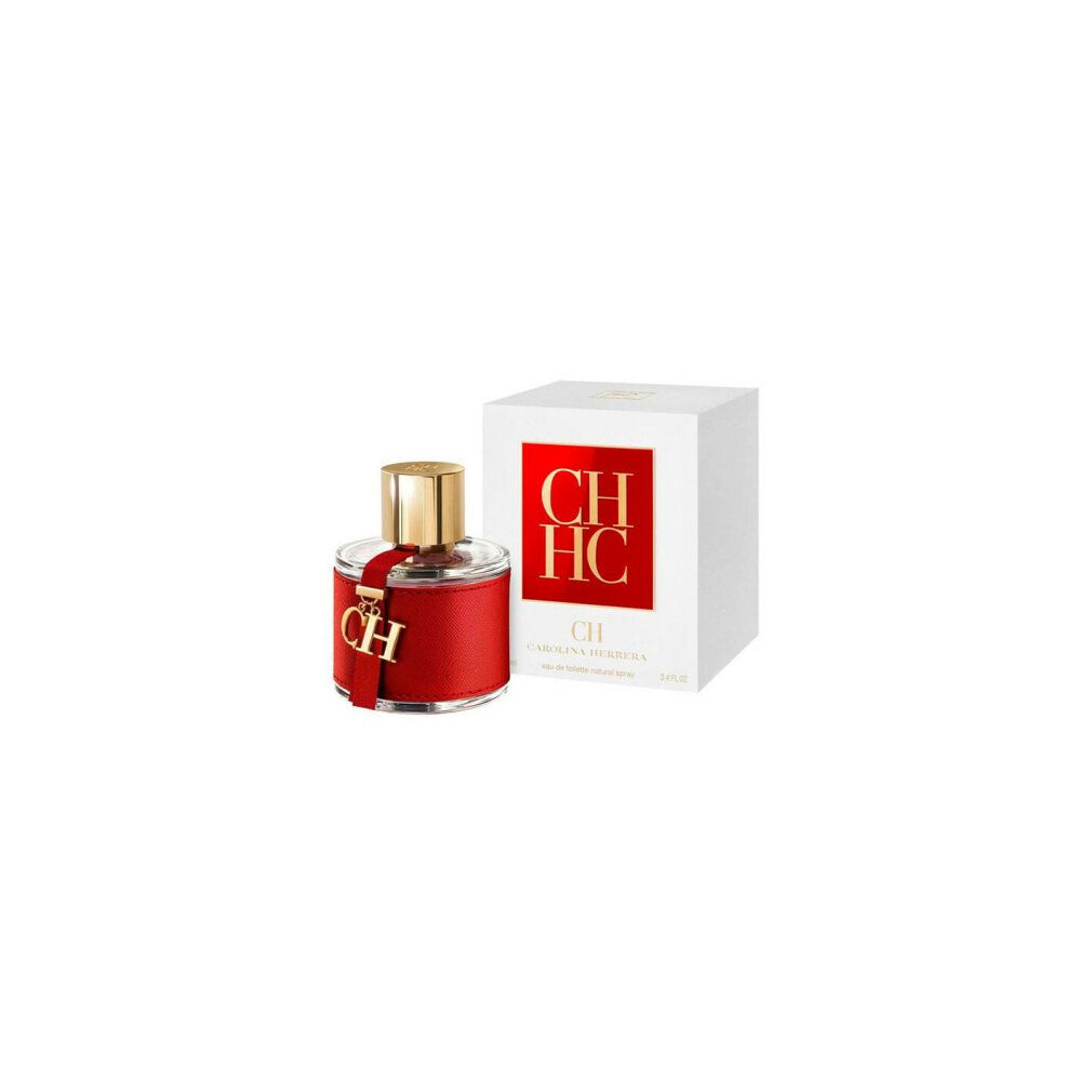 Flacone rotondo con fascia rossa e tappo dorato. Scatola bianca con logo CH rosso. Testo.