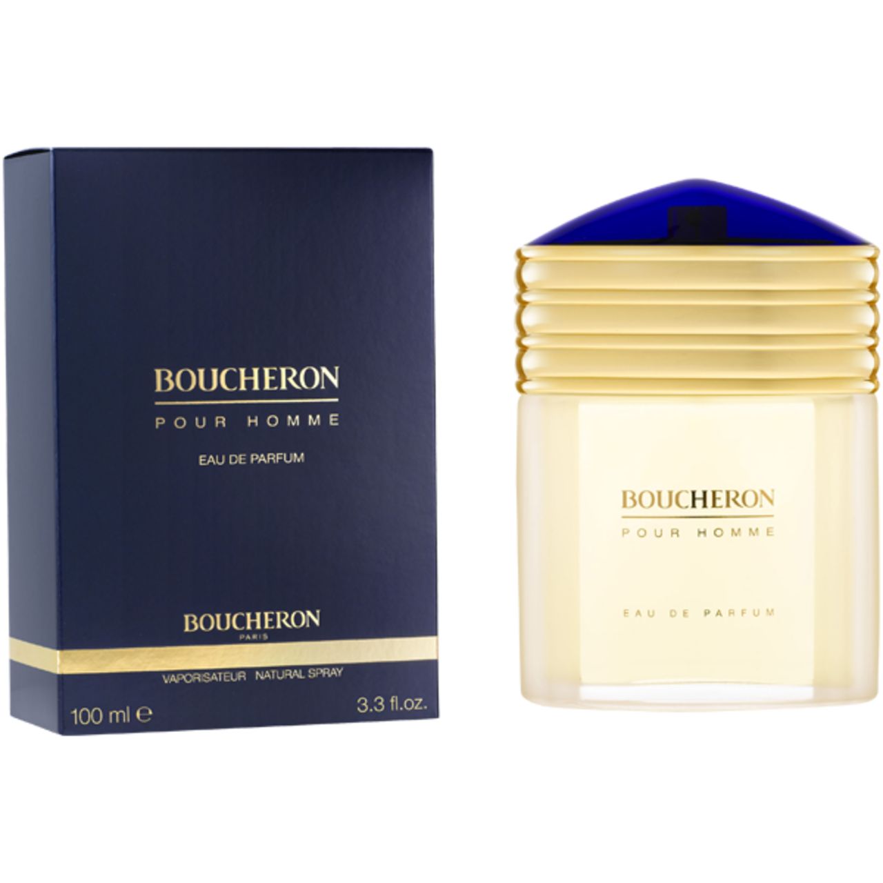 Scatola e flacone blu scuro. Flacone con tappo dorato e cappuccio blu. Scritta: Boucheron Pour Homme Eau de Parfum.