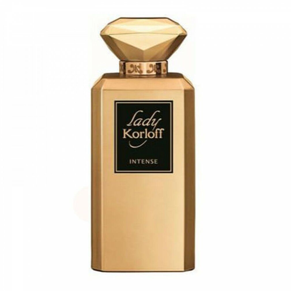 Flacone dorato. Scritta: Lady Korloff Intense. Flacone con tappo a diamante. Etichetta nera.