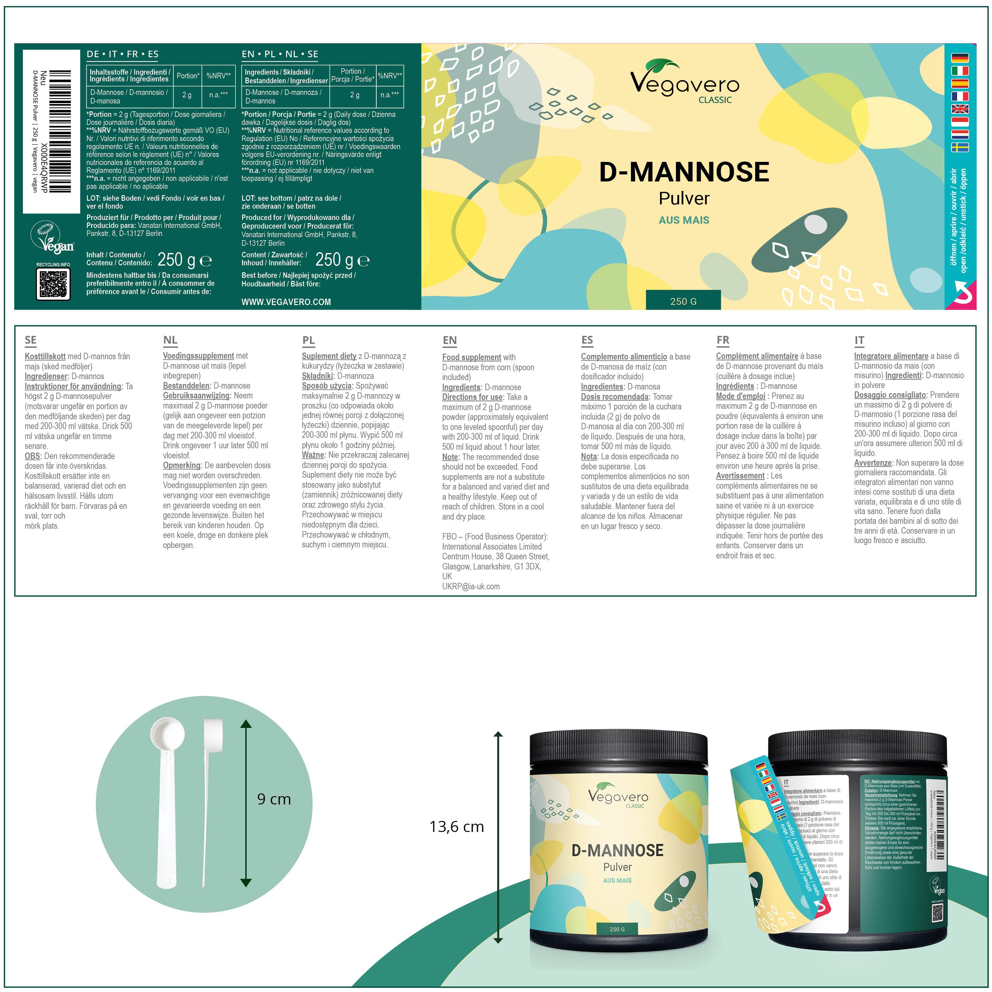 Etichetta con informazioni su D-Mannose Pulver. Multilingue. Ingredienti e dosaggio. 250g.