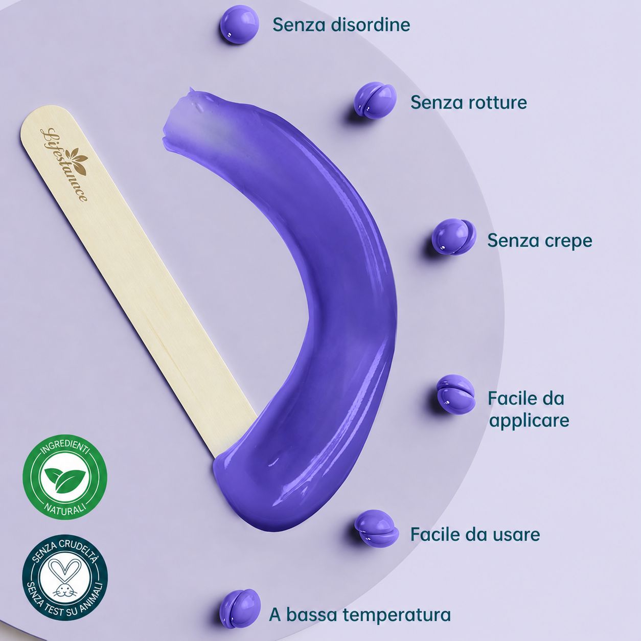 Cera su spatola di legno. Testo: Nessun disordine, nessuna rottura, nessuna crepa, facile da applicare, facile da usare, bassa temperatura.