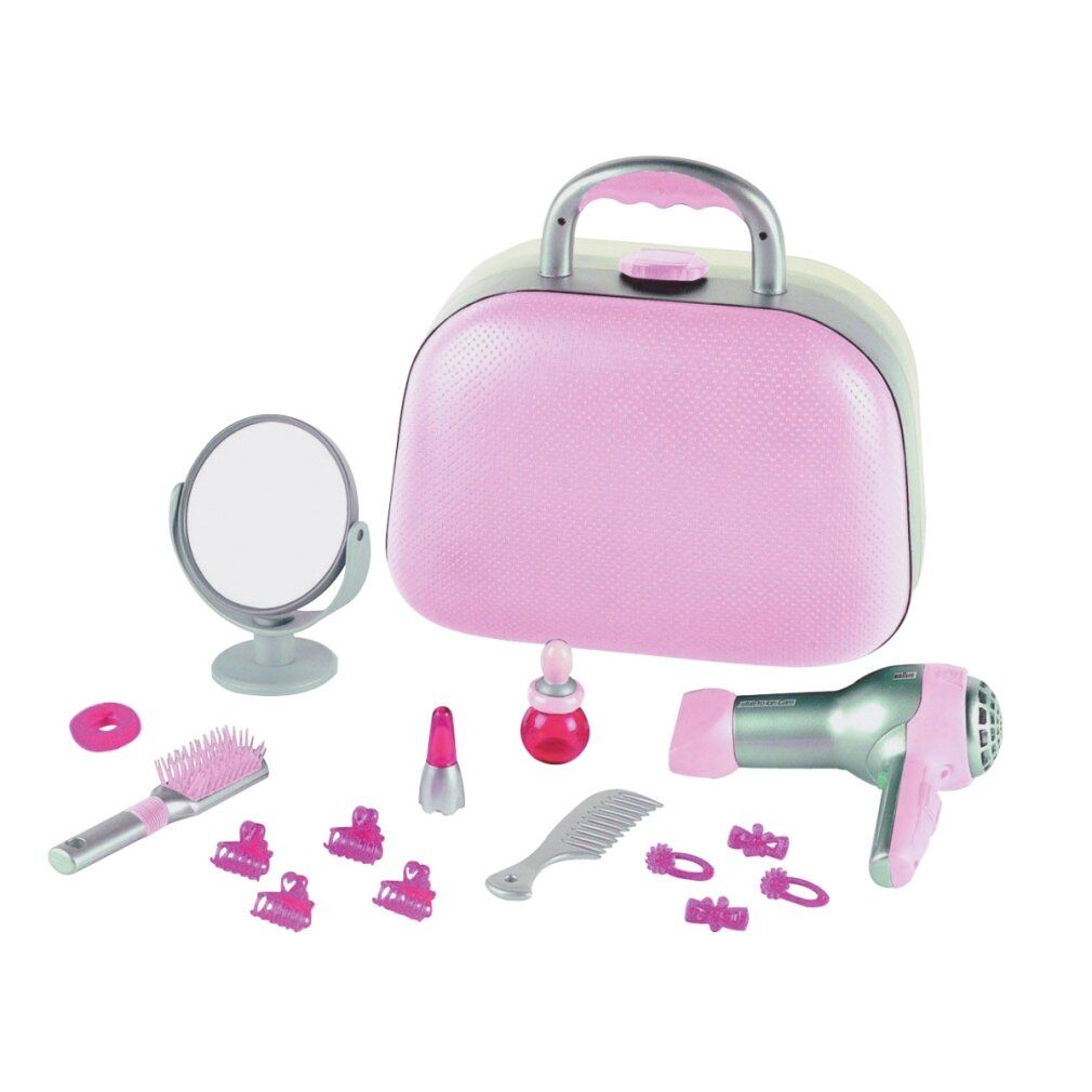 Beauty Case rosa con manico, con accessori: specchio, spazzola, asciugacapelli, smalto per unghie, forcine. Senza confezione.