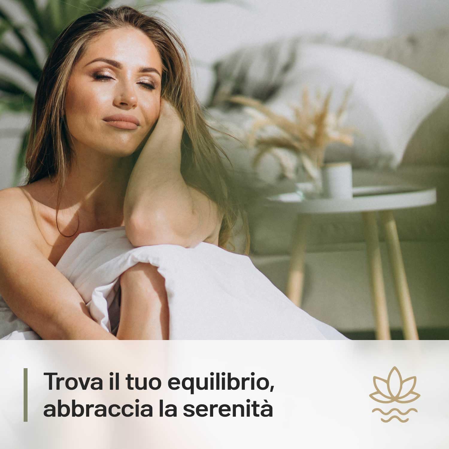 Donna con gli occhi chiusi, che appoggia il piede sulla guancia. Testo: Trova il tuo equilibrio, abbraccia la serenità.