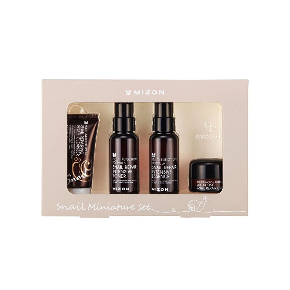 Set di miniature di lusso con lumaca. Quattro prodotti in scatola rettangolare. Contiene toner, essenza, crema e detergente. Marchio: Mizon.