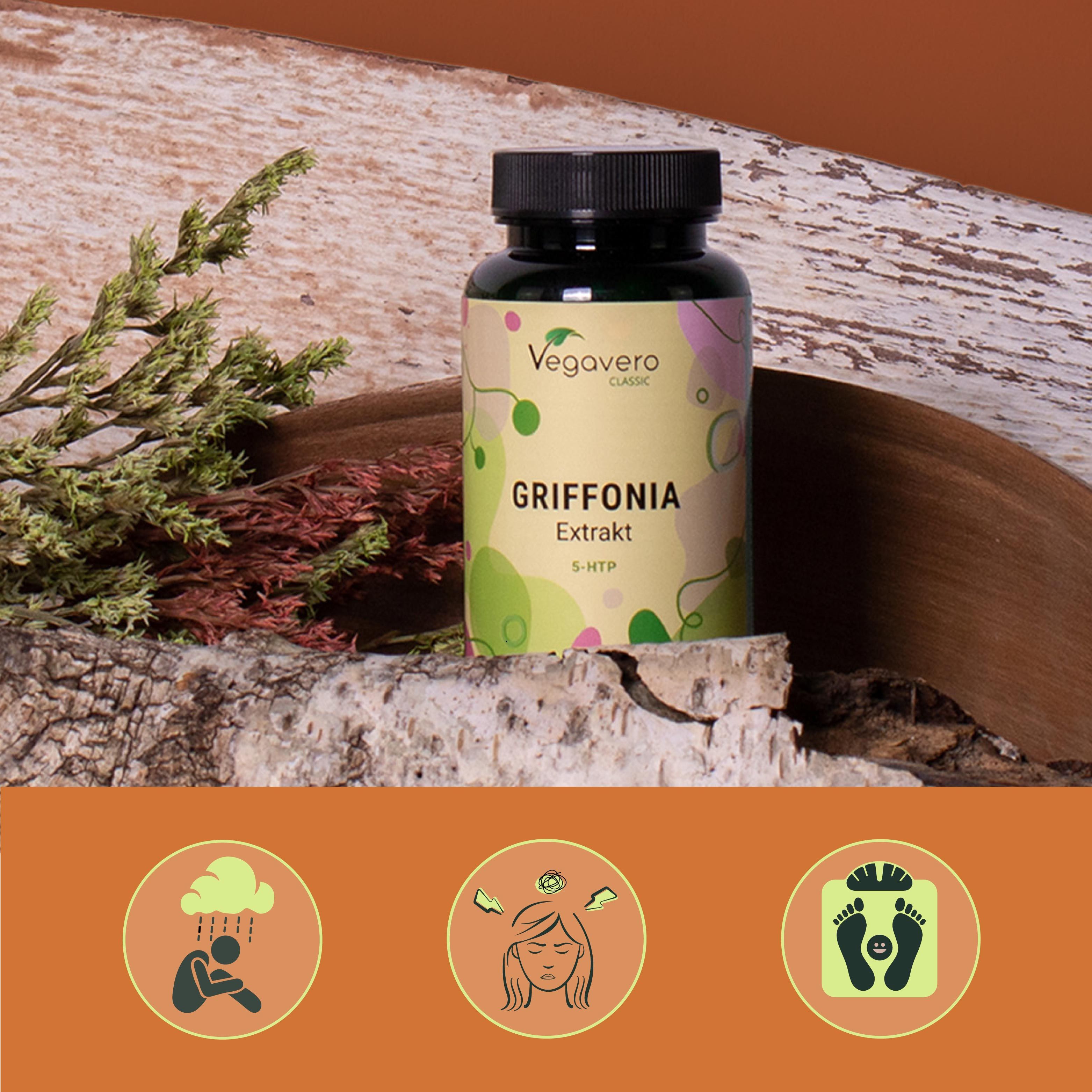 Flacone verde con tappo nero. Scritta: VEGAVERO, GRIFFONIA Extrakt, 5-HTP. Posizionato su un pezzo di legno e rami. Tre icone in basso.