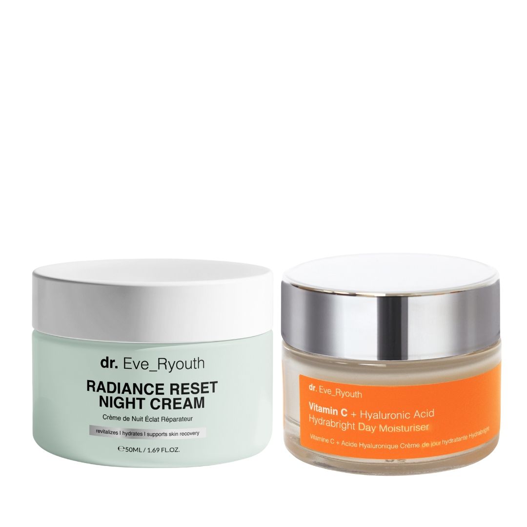 Due vasetti di crema: Dr. Eve_Ryouth Radiance Reset Night Cream e Vitamin C Day Moisturizer. Vasetti in vetro con coperchi.