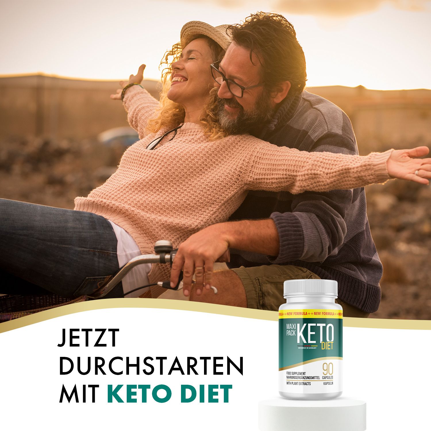 Coppia che si abbraccia, flacone Keto Diet, 90 capsule. Testo: Inizia ora con Keto Diet. Sfondo: paesaggio al tramonto.