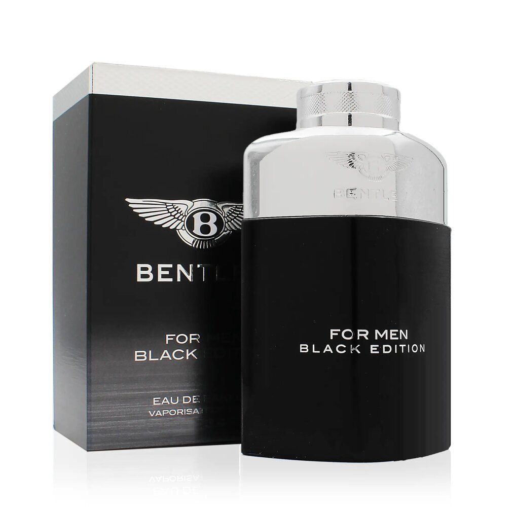 Flacone e scatola neri. Scritta: Bentley FOR BLACK. Tappo argentato.
