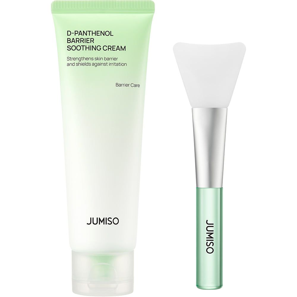 Tubo di crema lenitiva D-Pantenolo e pennello. Colori verde e bianco. Testo: JUMISO.