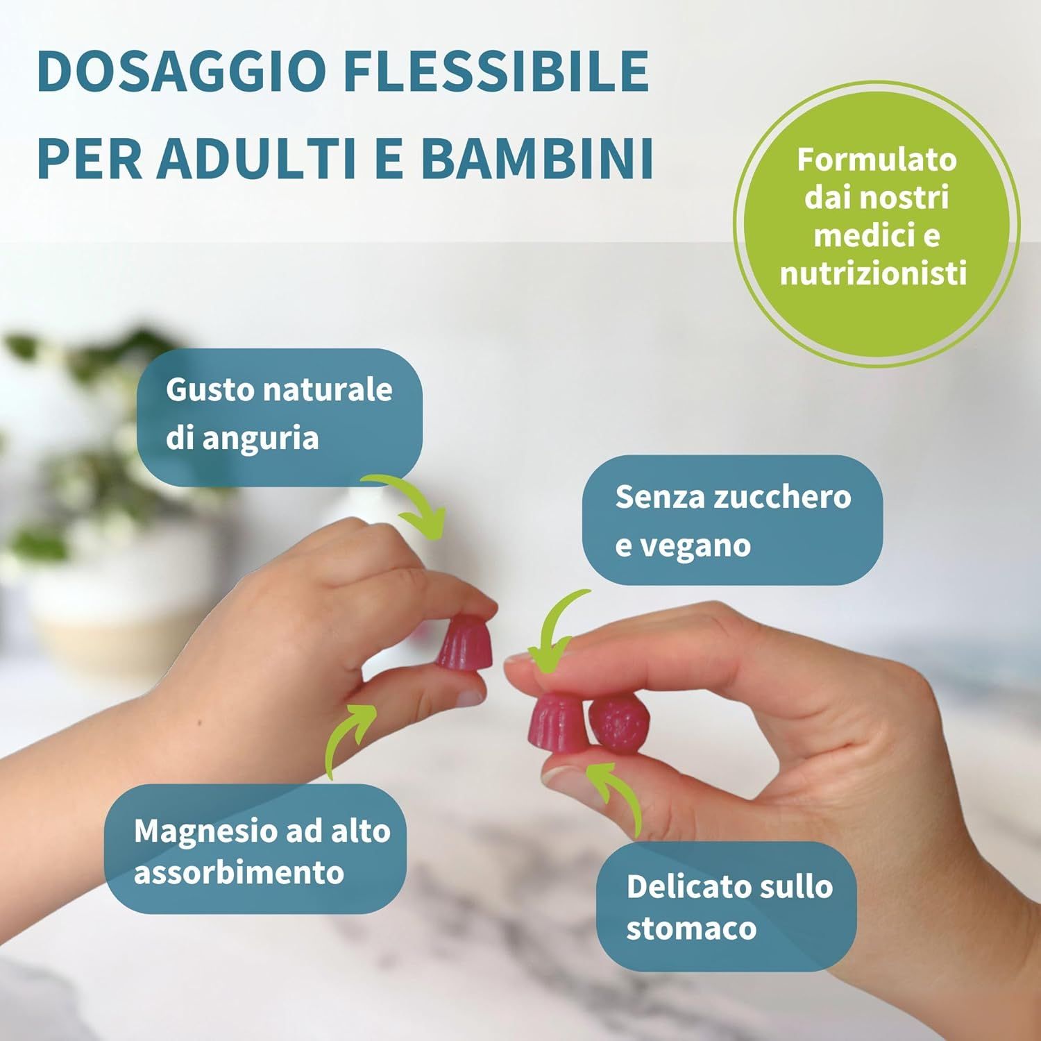 Mani che tengono caramelle gommose di magnesio vegane senza zucchero. Per bambini e adulti. Delicato sullo stomaco.