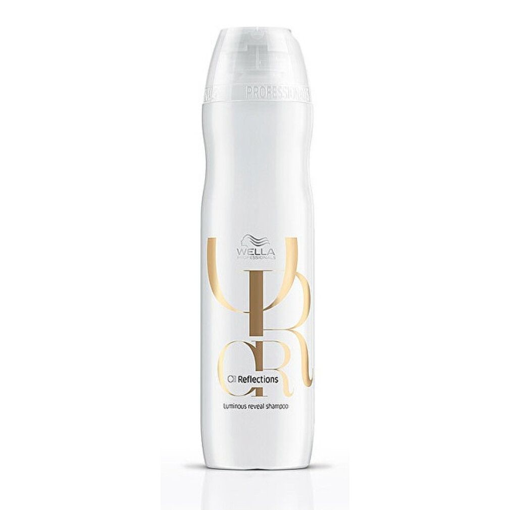 Flacone bianco Wella Oil Reflections Shampoo con logo e scritte dorate.
