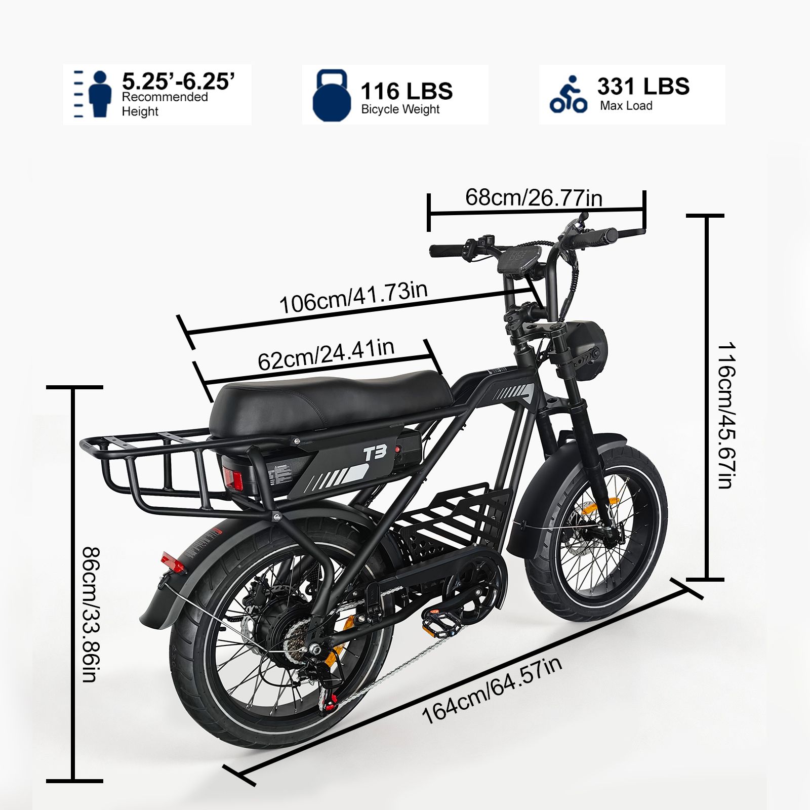 Bicicletta cargo elettrica con dimensioni. Altezza, lunghezza, larghezza, peso e carico massimo in cm e lbs.