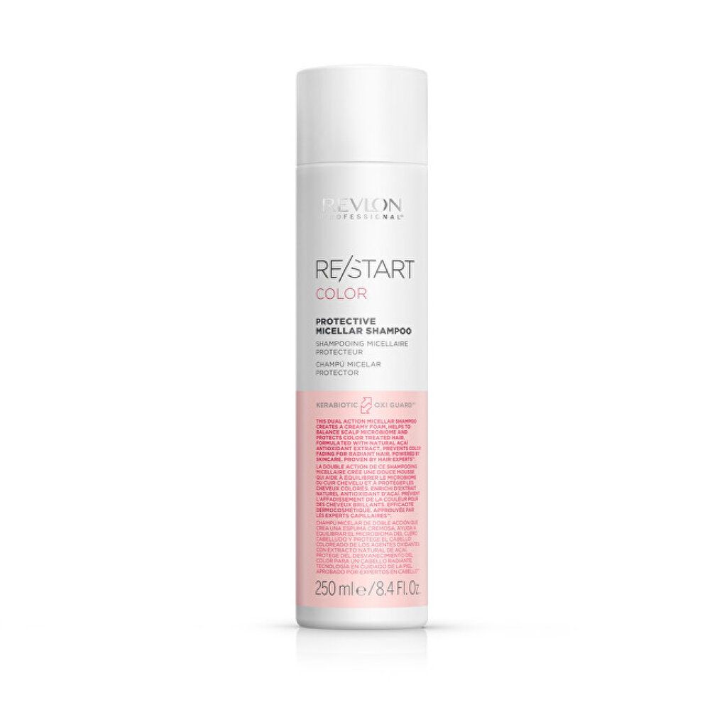 Flacone bianco con etichetta rosa. Scritta: RE/START COLOR Protective Micellar Shampoo. Marchio: Revlon.