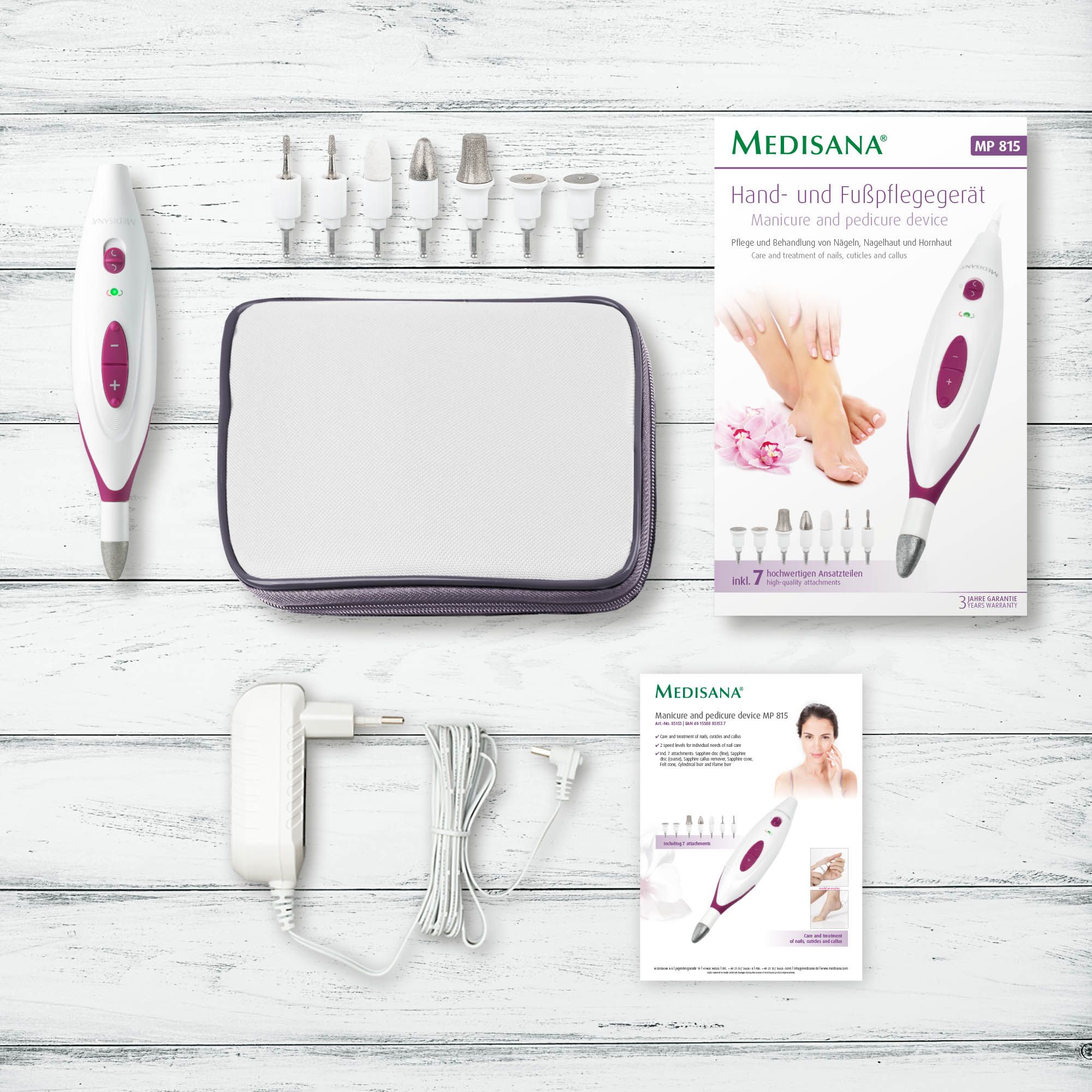 Set Medisana MP 815: dispositivo manicure/pedicure, 7 accessori, custodia, alimentatore, manuale.