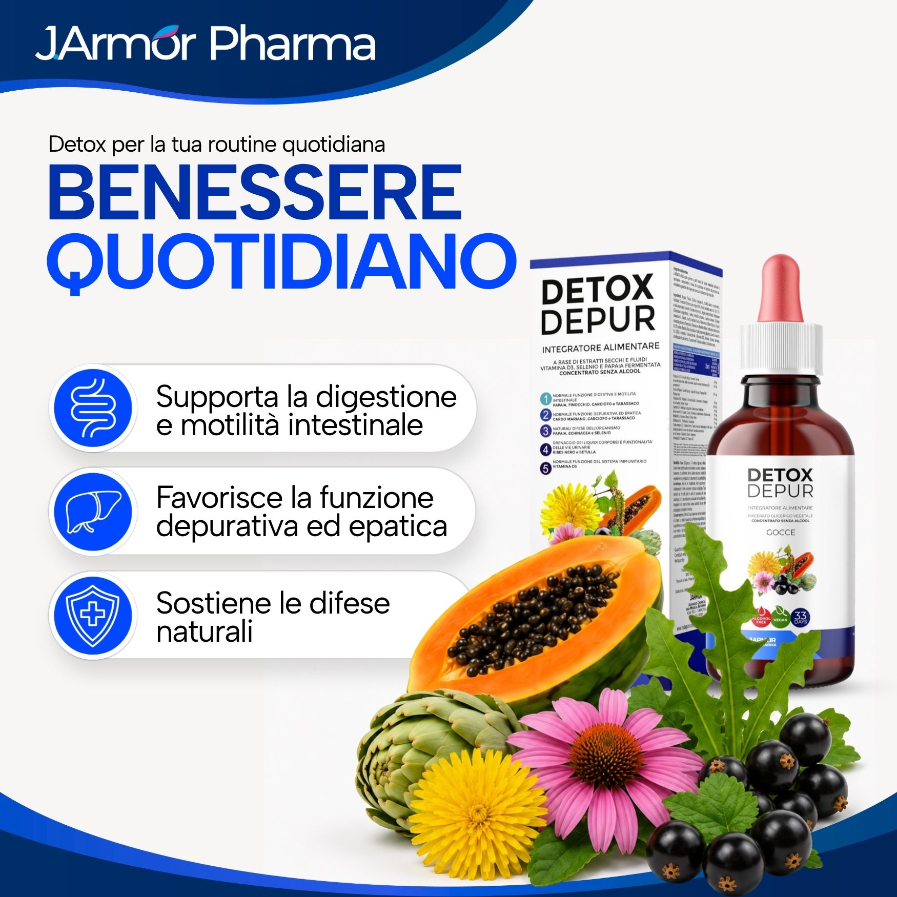 Flacone e scatola di gocce Detox Depur. Supporta digestione, funzione epatica e difese naturali.