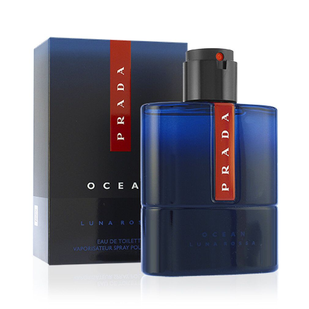 Flacone e confezione Prada Luna Rossa Ocean. Flacone con striscia rossa e tappo nero.