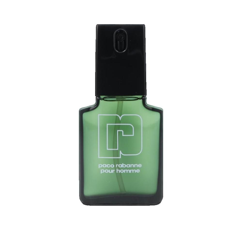 Flacone verde Paco Rabanne Pour Homme. Tappo nero. Logo e testo bianchi.