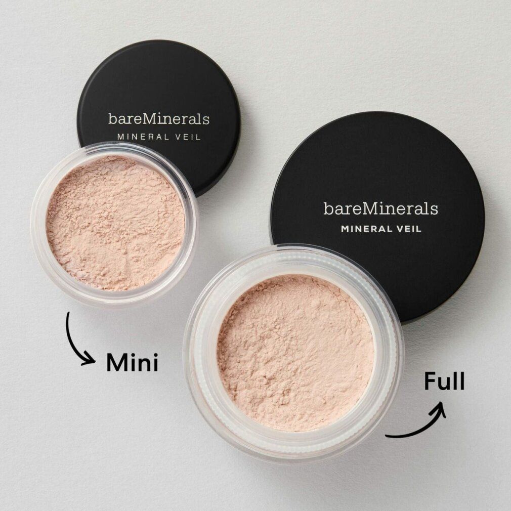 Due contenitori di polvere libera con coperchi neri. Scritta "bareMinerals MINERAL VEIL". Formati mini e full.