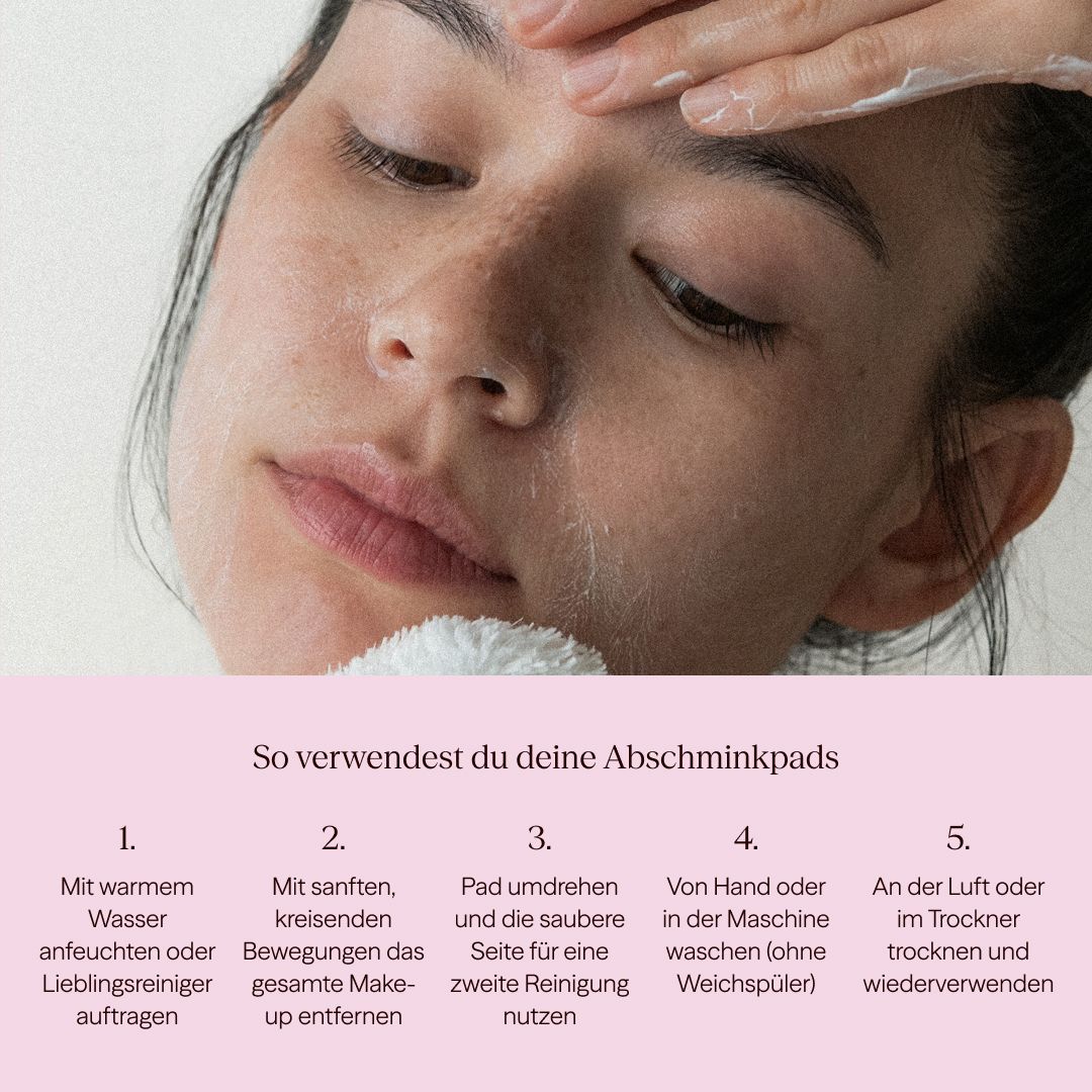 Donna usa un dischetto struccante. Il testo mostra i passaggi per l'uso: inumidire, rimuovere delicatamente, girare, lavare, asciugare.