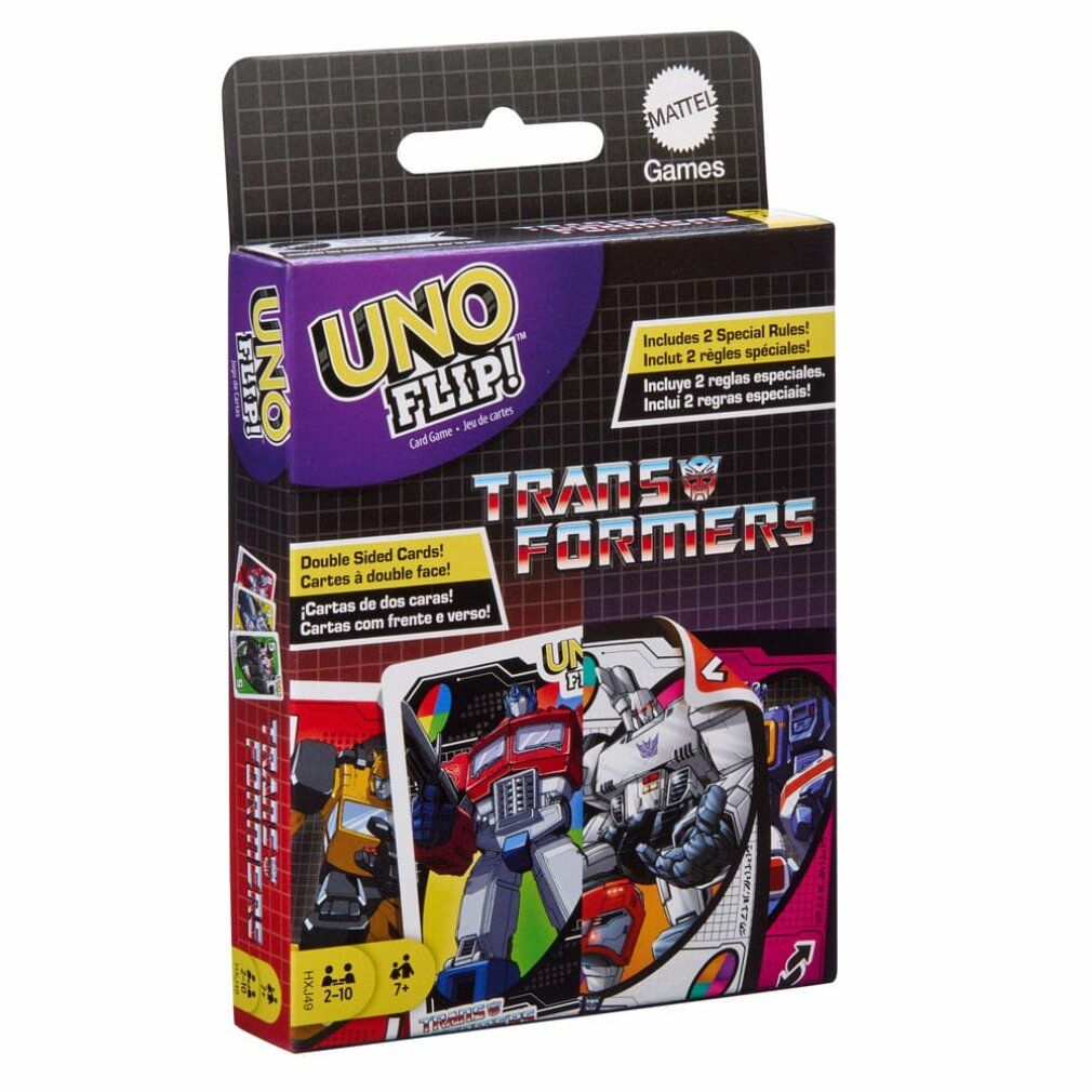 Scatola del gioco di carte UNO Flip! Transformers. Contiene carte Transformers. Logo Mattel Games.