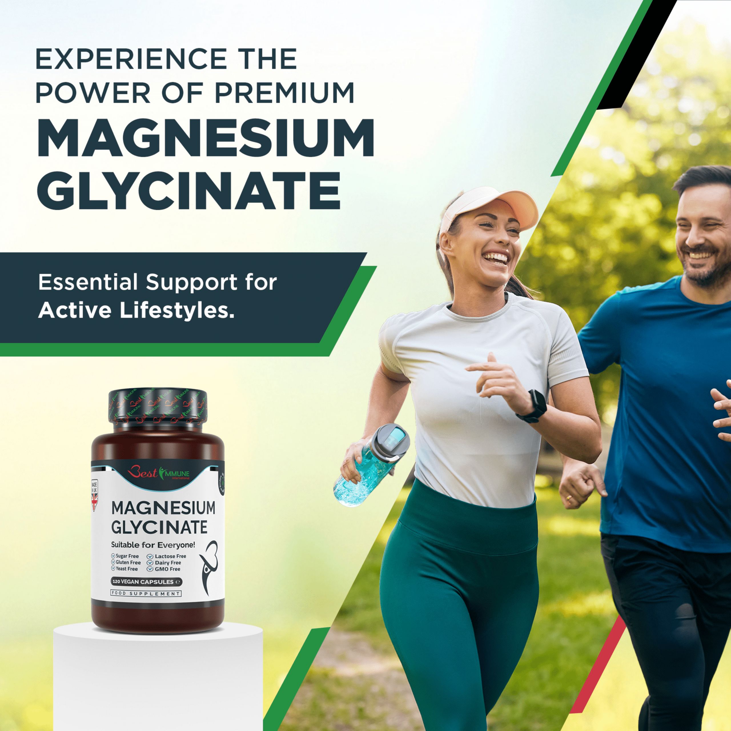 Persone che fanno jogging. Flacone di magnesio glicinato. Marchio: Best Immune. Testo: Magnesium Glycinate. Adatto a tutti.