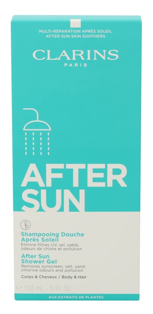 Scatola turchese. Scritta Clarins, After Sun. Gel doccia per corpo e capelli. Contiene estratti vegetali.