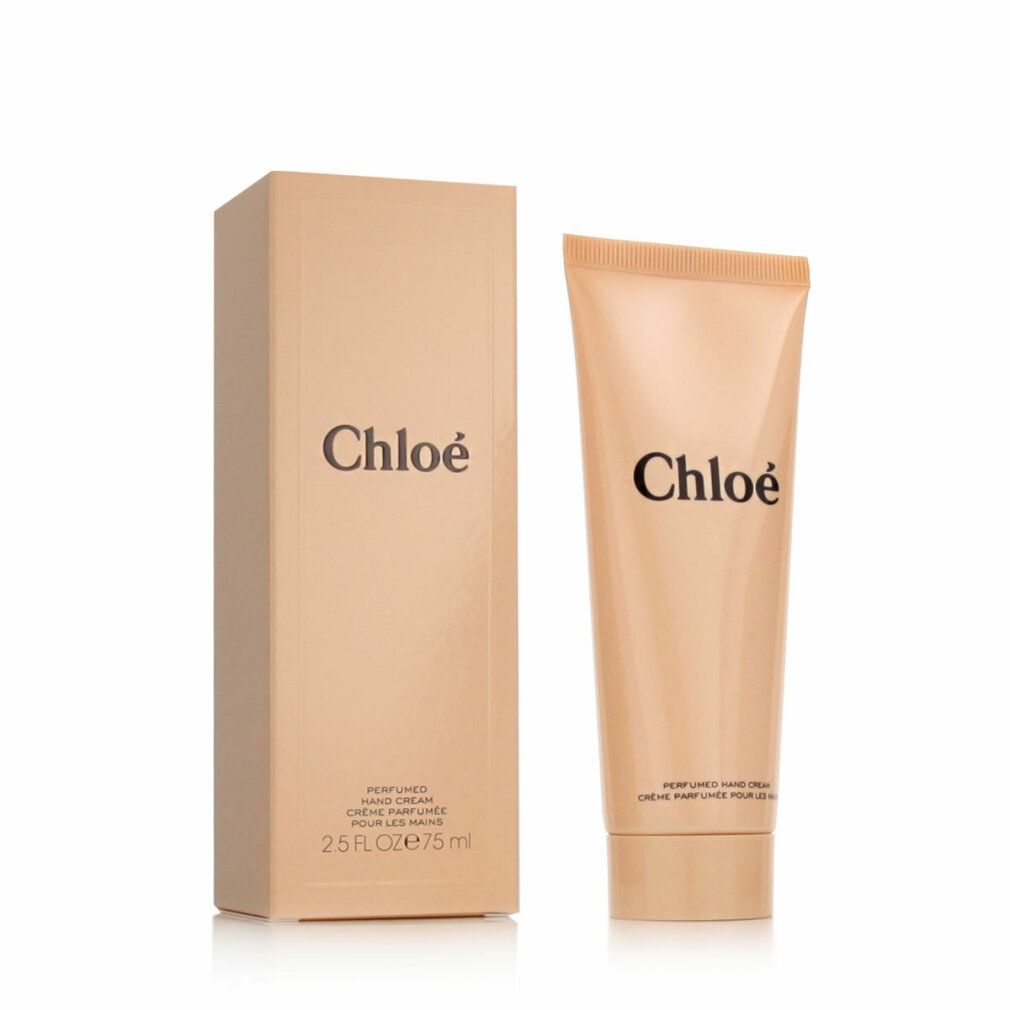 Scatola e tubo beige. "Chloe" sulla scatola e sul tubo. "PERFUMED HAND CREAM" sulla scatola.