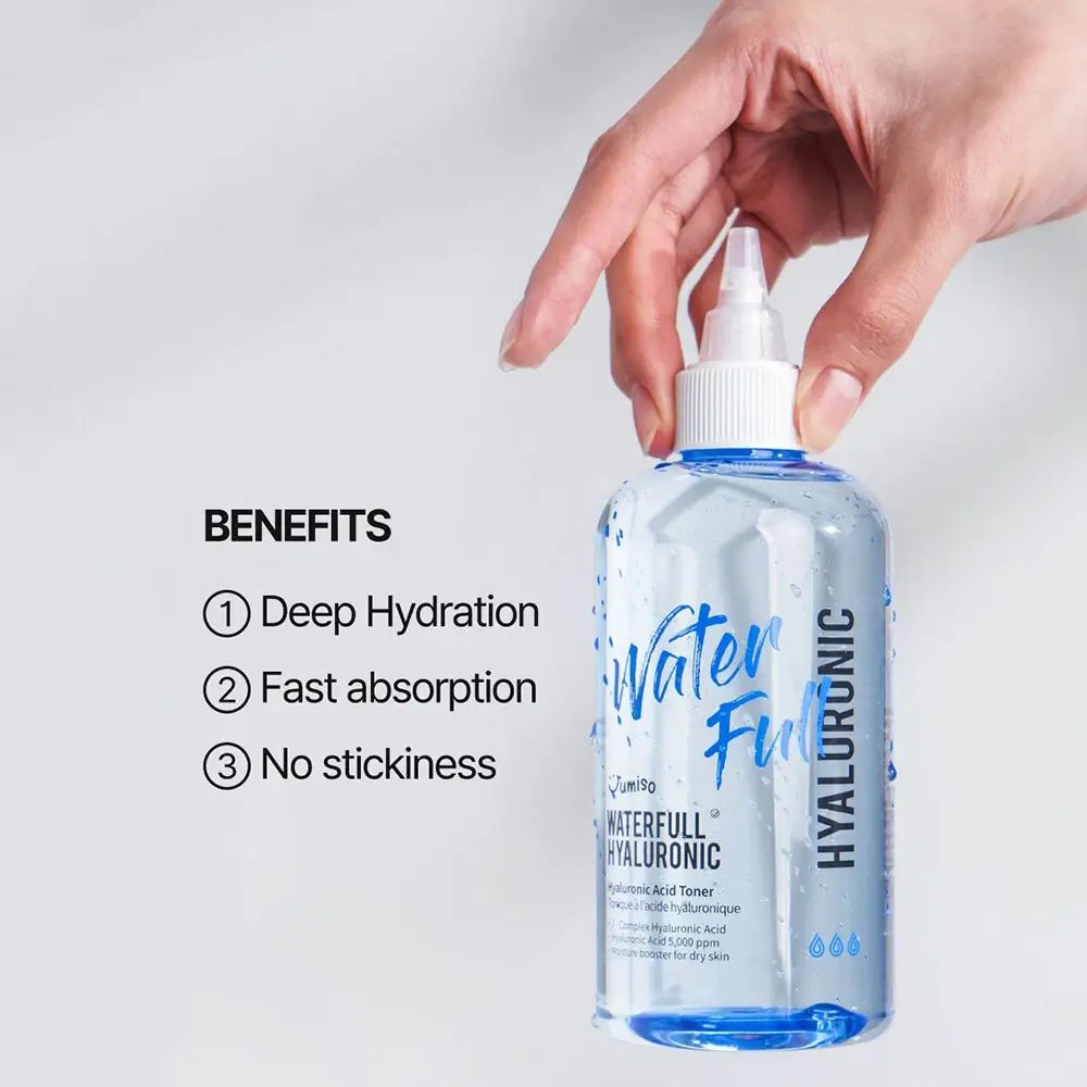 Mano che tiene il toner JUMISO Waterfull Hyaluronic Acid. Vantaggi: idratazione profonda, rapido assorbimento, non appiccicoso.