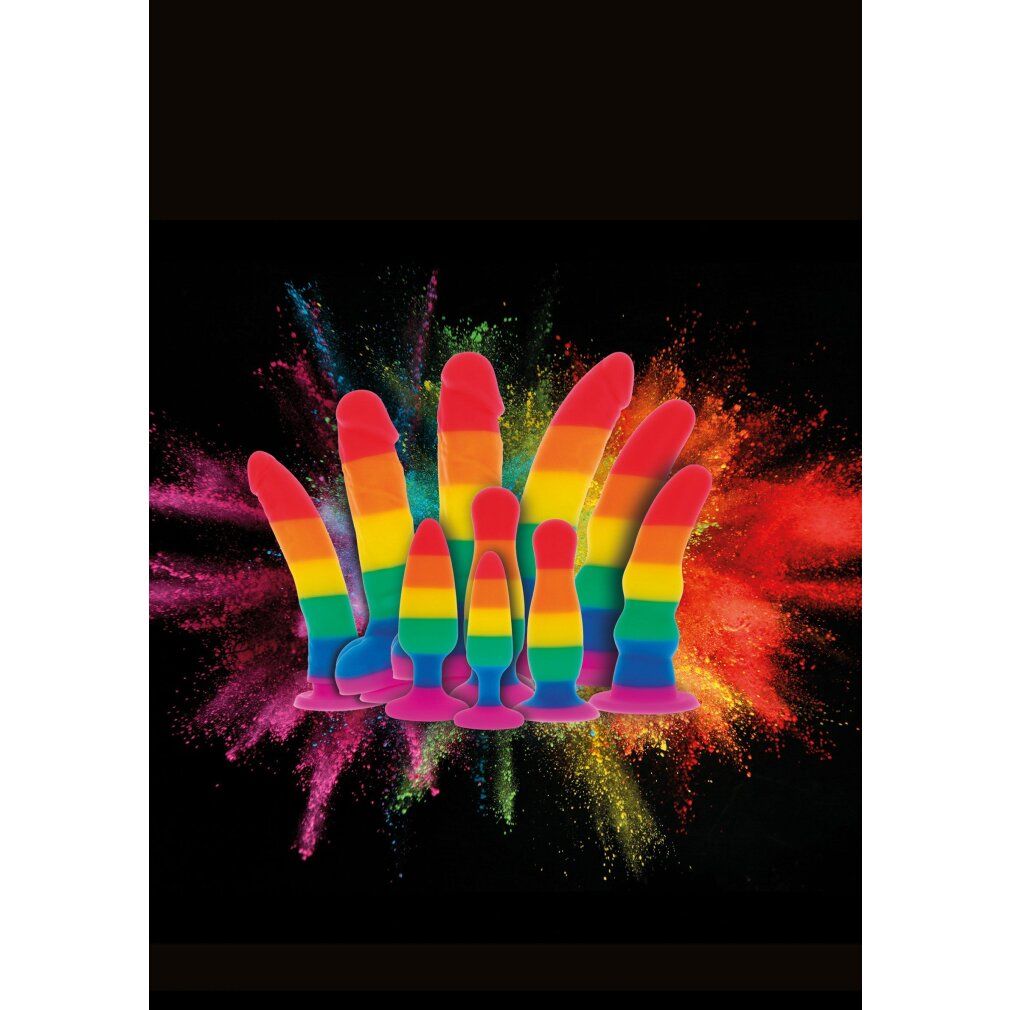 Collezione di plug anali arcobaleno di varie dimensioni davanti a polvere colorata.