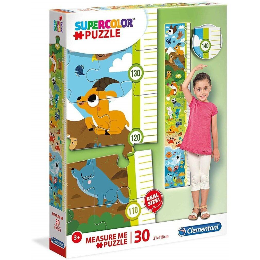 Puzzle Clementoni Meterware Tiere. Pezzi con animali e misure. Confezione con bambina che si misura alla scala metrica.