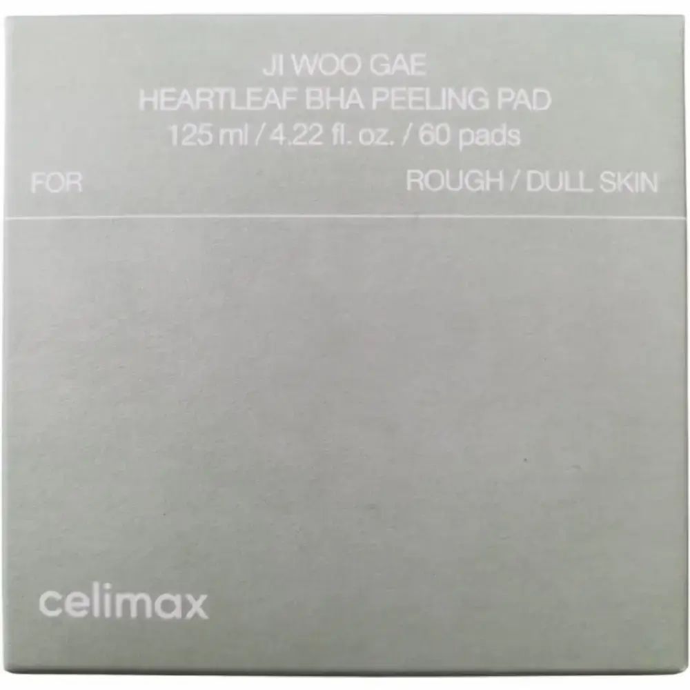Confezione quadrata. Scritta: Heartleaf BHA Peeling Pad, 125 ml/4.22 fl. oz. / 60 pads. Marchio: celimax.