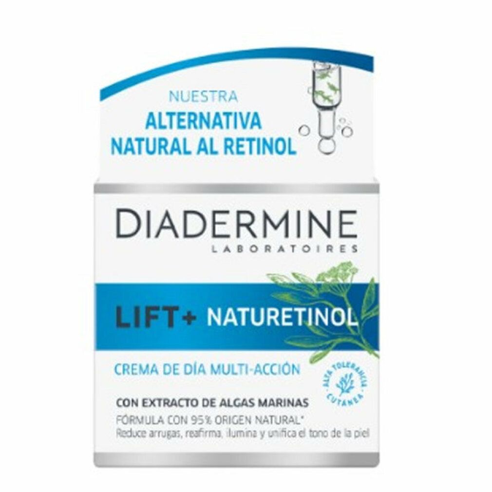 Confezione Diadermine Lift+ Naturetinol. Scatola bianca con dettagli blu e verdi. Testo: Diadermine, Lift+ Naturetinol, Crema de Día Multi-Acción.