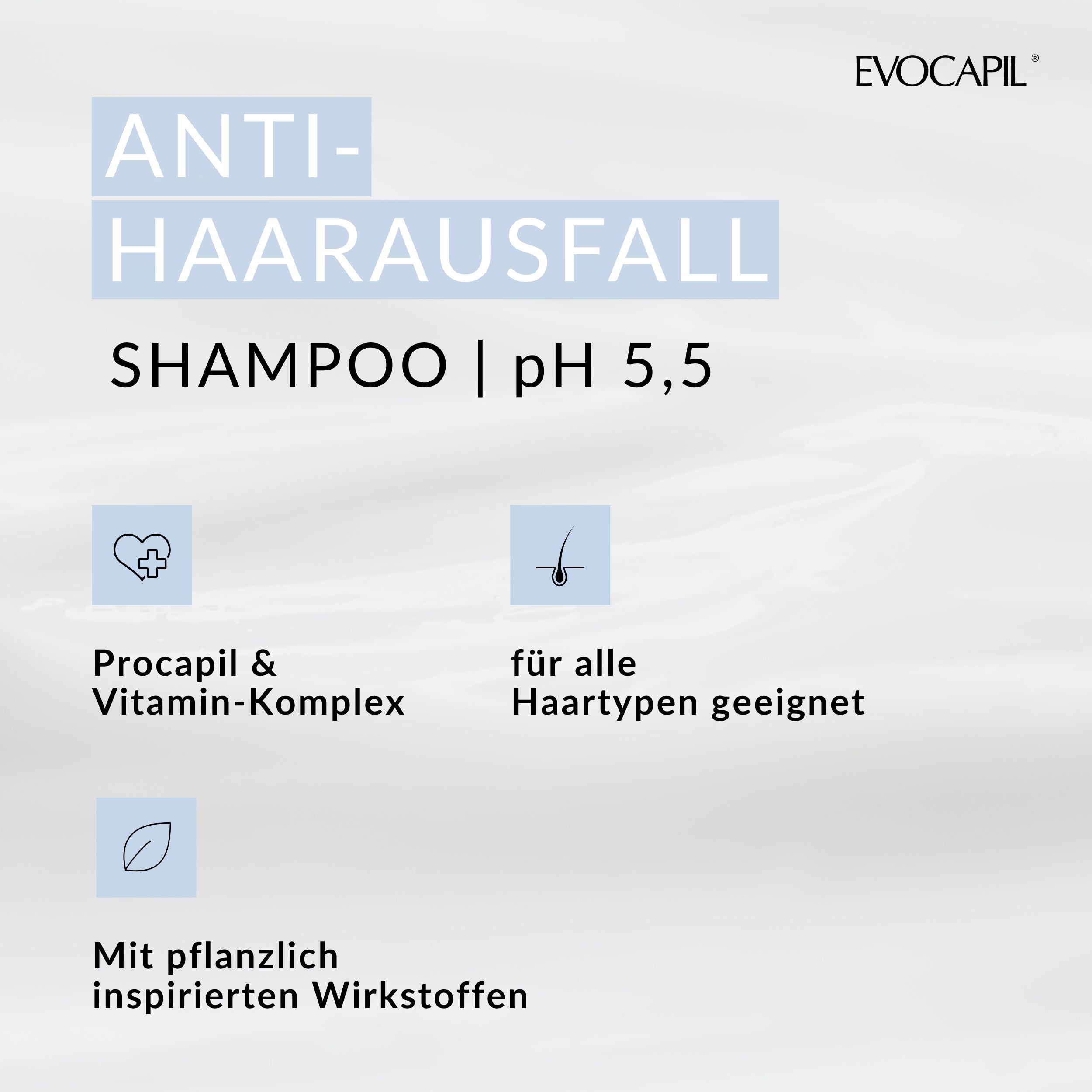 Informazioni testuali sul prodotto. Shampoo anticaduta, pH 5,5, Procapil e complesso vitaminico.