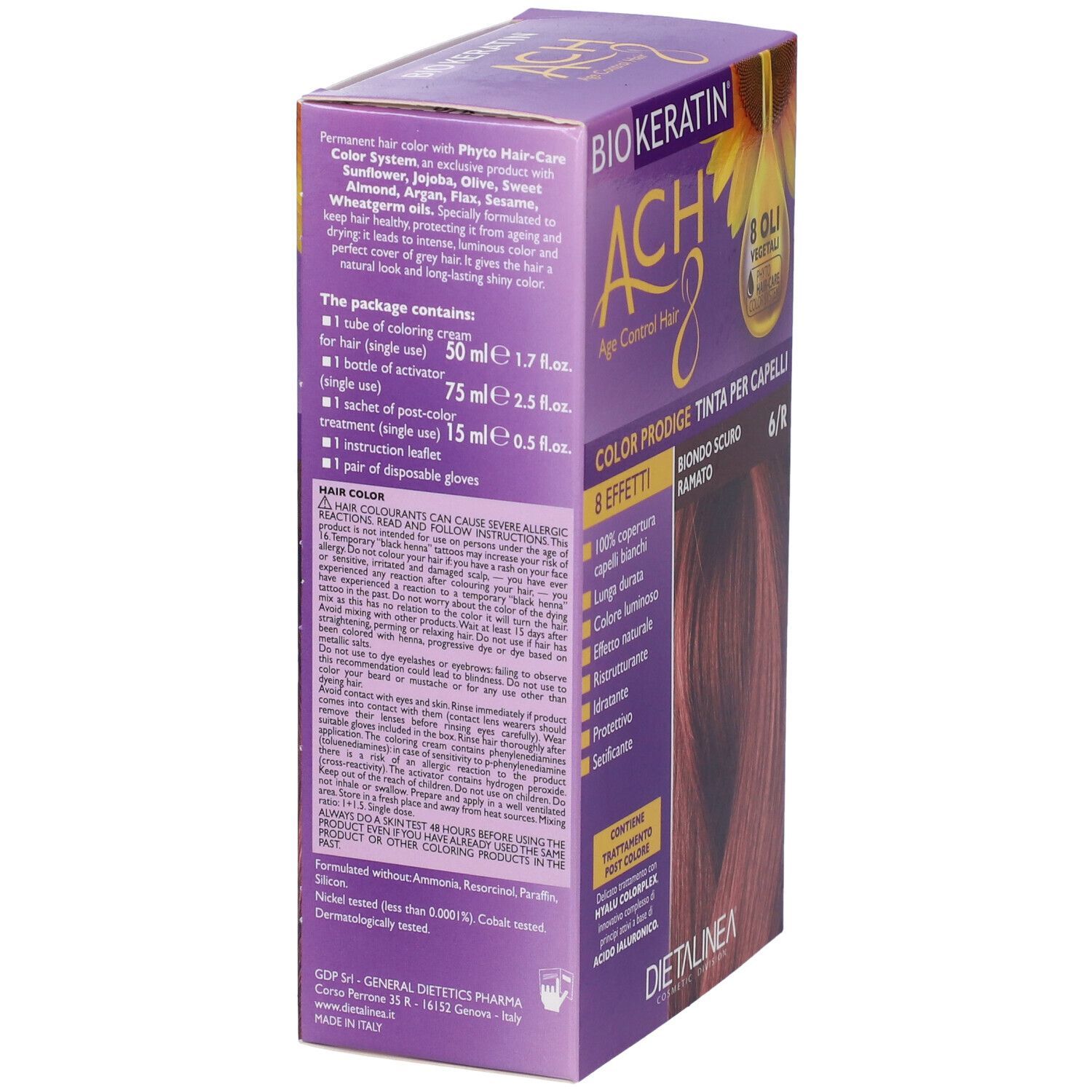 Confezione di tinta per capelli, vista laterale. Scritto: BIOKERATIN ACH8. Contiene: crema, attivatore, trattamento, guanti.