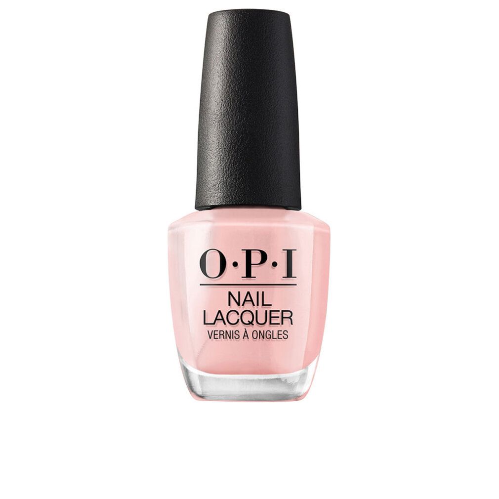 Flacone di smalto rosa con tappo nero. O.P.I. Nail Lacquer.