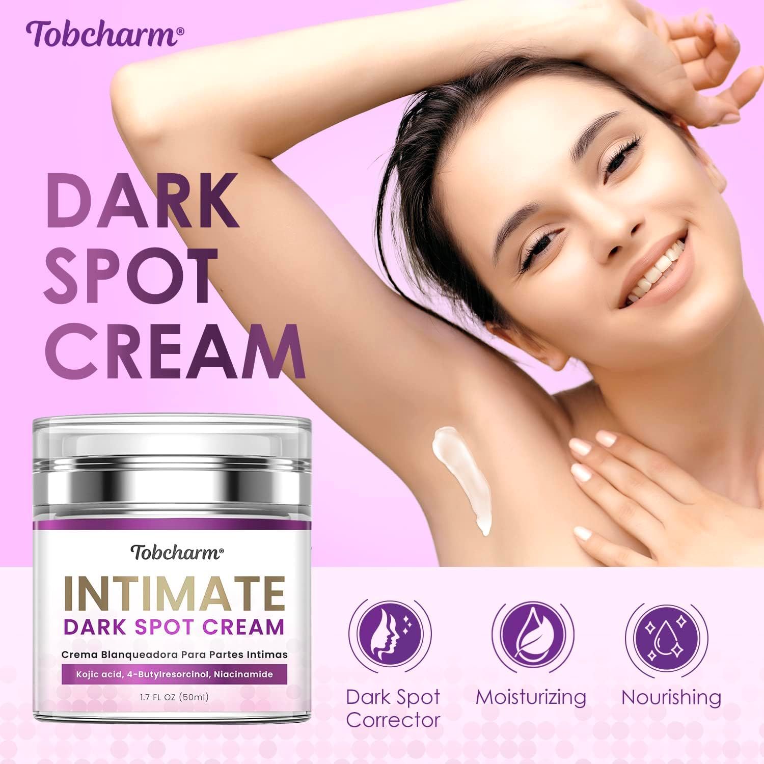 Vaso di crema e donna. Scritta: Dark Spot Cream. Icone: Dark Spot Corrector, Moisturizing, Nourishing. Crema sull'ascella.