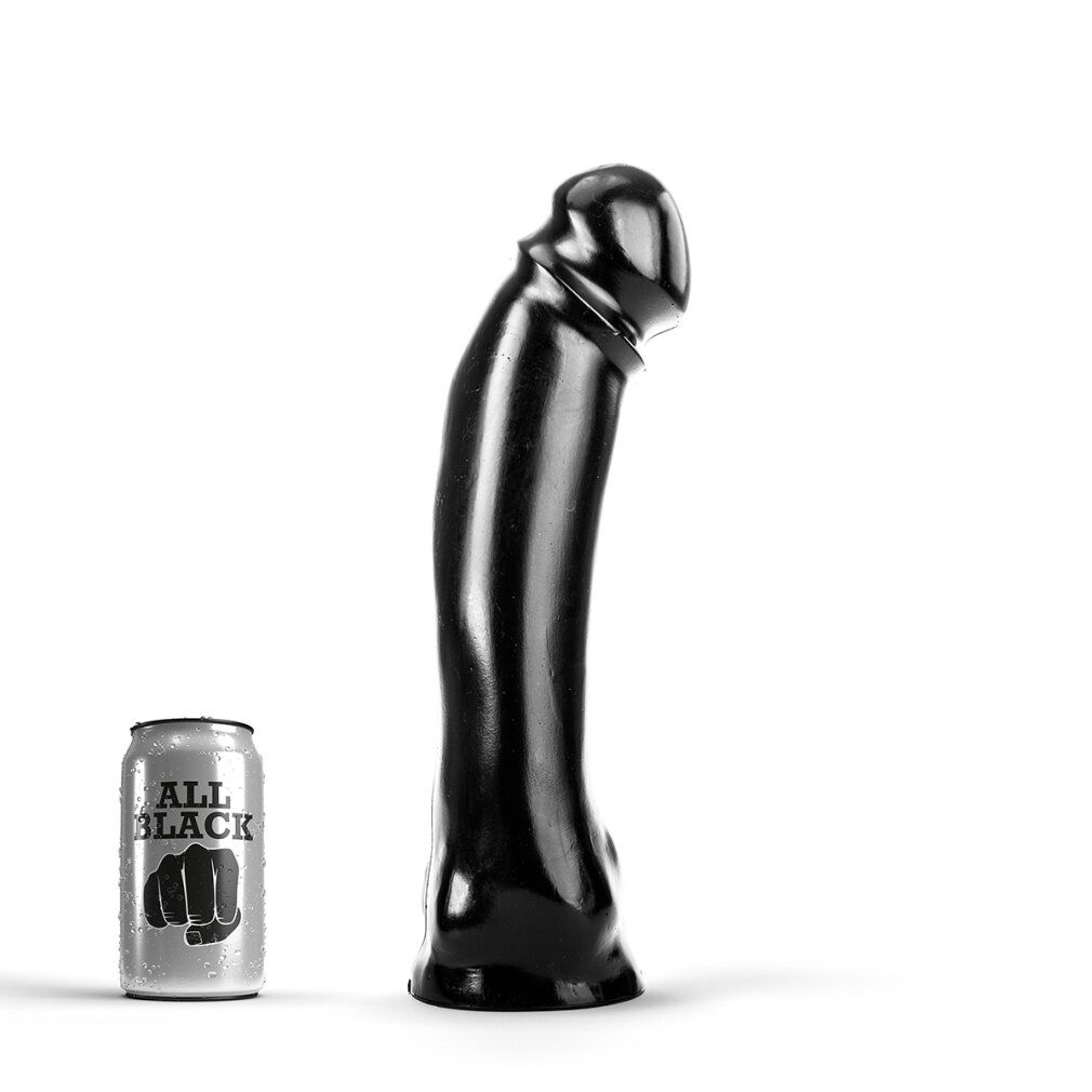 Dildo nero accanto a una lattina con la scritta 'ALL BLACK'. Forma curva.