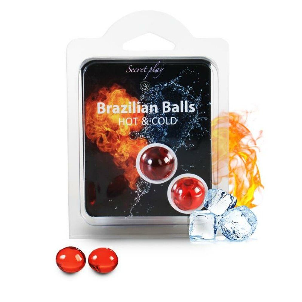 Confezione con due palline rosse. Scritta: Brazilian Balls HOT & COLD. Immagini di fuoco e cubetti di ghiaccio.