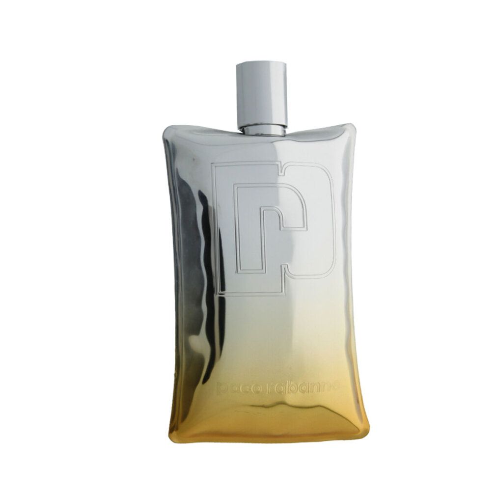 Flacone di profumo argento-oro. Logo "P" sul flacone. Sfumatura oro-argento. Scritta "Paco Rabanne" sul fondo del flacone.